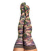 Legs wearing Kixies Alex camouflage print thigh-high stockings with black striped tops against white background.