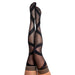 Legs wearing black ballet-style thigh-high stockings with crisscross ribbon design and striped tops on white background.