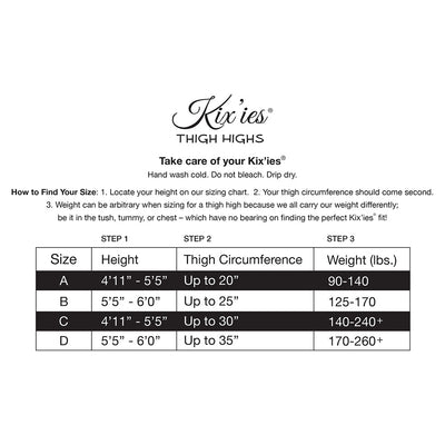 Kix'ies thigh high size chart showing height, thigh circumference, and weight guidelines for sizes A to D