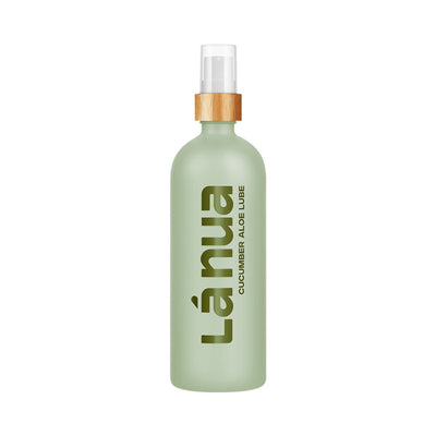 La Nua Cucumber Aloe water-based lubricant in a frosted green glass bottle with wooden pump top.