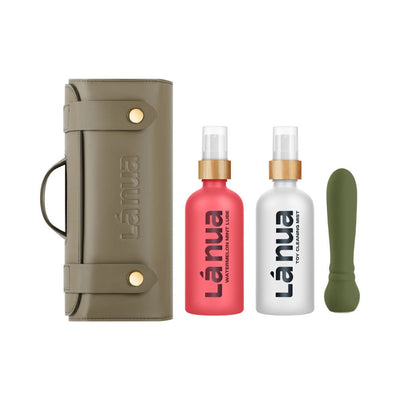 La Nua gift set with olive green travel case, watermelon mint lube, toy cleaning mist, and green ultra bullet vibrator.
