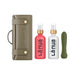 La Nua gift set with olive green travel case, watermelon mint lube, toy cleaning mist, and green ultra bullet vibrator.