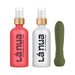 La Nua gift set with watermelon mint lube, toy cleaning mist, and green ultra bullet vibrator on white background.