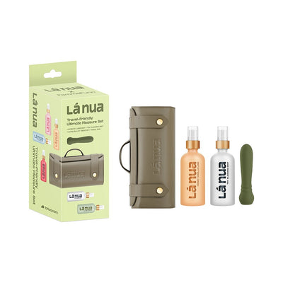 La Nua Gift Bag set with olive green travel case, green ultra bullet vibrator, honey vanilla lube, and toy cleaning mist bottles.