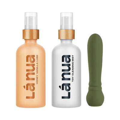 La Nua gift set with honey vanilla lube, toy cleaning mist, and green ultra bullet vibrator on white background.