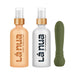 La Nua gift set with honey vanilla lube, toy cleaning mist, and green ultra bullet vibrator on white background.