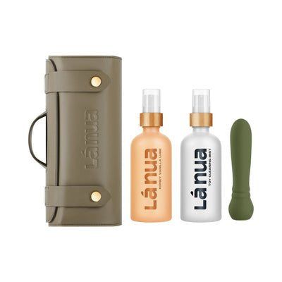 La Nua gift set with olive green travel case, honey vanilla lube, toy cleaning mist, and green ultra bullet vibrator.