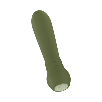Olive green sleek bullet vibrator with rounded tip and control buttons at the base.