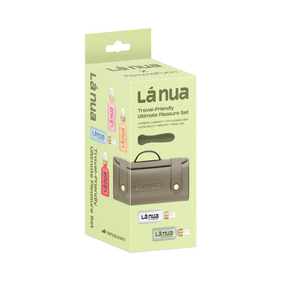 La Nua Travel-Friendly Ultimate Pleasure Set packaging featuring a compact bag, ultra bullet vibrator, lubricant, and toy cleaner bottles.