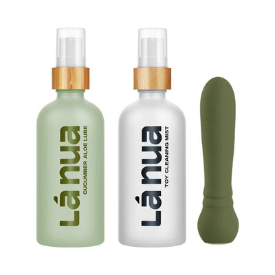 La Nua gift set with green cucumber aloe lube, white toy cleaning mist, and matching green ultra bullet vibrator.