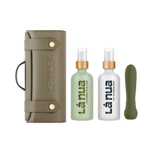 La Nua gift set with olive green travel case, cucumber aloe lube, toy cleaning mist, and green ultra bullet vibrator.