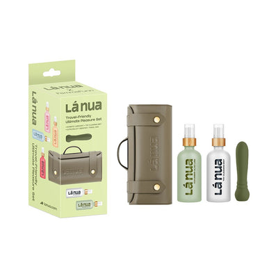 La Nua Gift Bag set with olive green travel case, ultra bullet vibrator, cucumber aloe lube, and toy cleaning mist bottles.