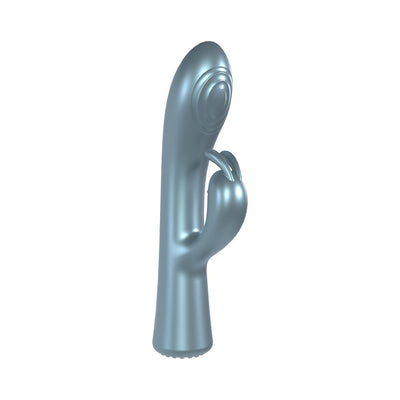Sleek metallic blue dual-motor rabbit vibrator with curved shaft and flexible clitoral stimulator.