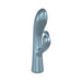 Sleek metallic blue dual-motor rabbit vibrator with curved shaft and flexible clitoral stimulator.