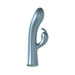 Sleek metallic blue dual-motor rabbit vibrator with curved shaft and clitoral stimulator on white background.