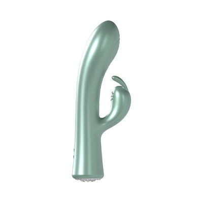 Sleek mint green dual-motor rabbit vibrator with curved shaft and textured clitoral stimulator.