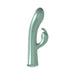 Sleek mint green dual-motor rabbit vibrator with curved shaft and textured clitoral stimulator.
