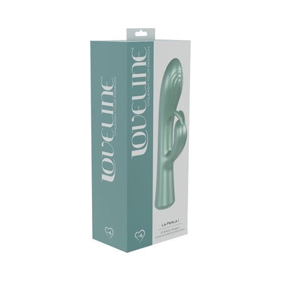 Packaging box of Loveline La Peria I Rabbit vibrator in teal color with product image and branding details.