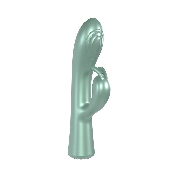 Sleek mint green dual-motor rabbit vibrator with curved shaft and flexible clitoral stimulator.
