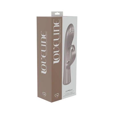 Packaging box of Loveline La Peria I Rabbit Vibrator in taupe and white with product image and branding details.