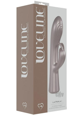 Packaging box of Loveline La Peria I Rabbit vibrator in taupe and white with product image and branding details.