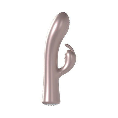 Sleek rose gold dual-motor rabbit vibrator with curved shaft and clitoral stimulator, featuring a diamond-patterned base.
