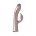 Sleek rose gold dual-motor rabbit vibrator with curved shaft and clitoral stimulator, featuring a diamond-patterned base.