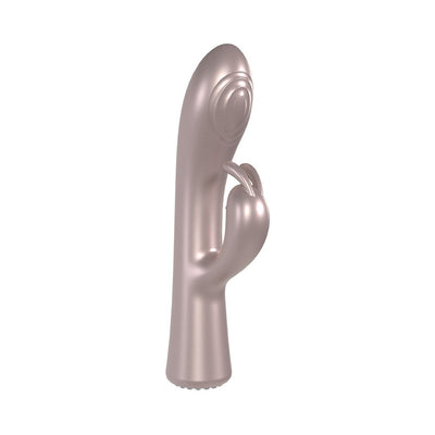 Sleek rose gold dual-motor rabbit vibrator with curved shaft and bunny-shaped clitoral stimulator.