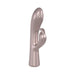 Sleek rose gold dual-motor rabbit vibrator with curved shaft and bunny-shaped clitoral stimulator.