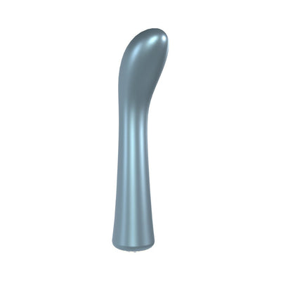 Sleek metallic blue G-spot vibrator with curved tip and smooth ergonomic design for targeted stimulation.