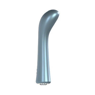 Sleek metallic blue curved vibrator with ergonomic design and smooth finish for targeted G-spot stimulation.