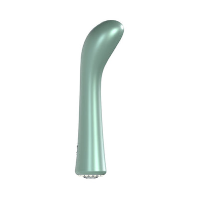 Sleek mint green curved vibrator with ergonomic design and diamond-patterned base for targeted G-spot stimulation.