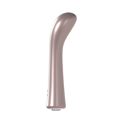 Sleek rose gold curved vibrator with ergonomic design and diamond-patterned base for targeted G-spot stimulation.