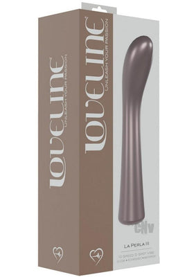 Sleek mauve La Peria III Gspot vibrator displayed next to its taupe and white Loveline branded packaging.