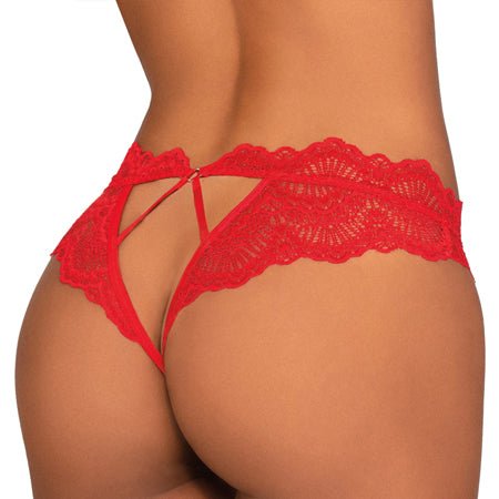 Red lace tanga panty with open back and delicate scalloped edges, shown on a model from the rear.