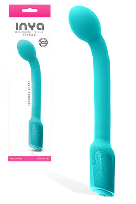 Turquoise Inya Oh My G rechargeable G-spot vibrator with flexible curved shaft and bulbous head displayed with packaging.