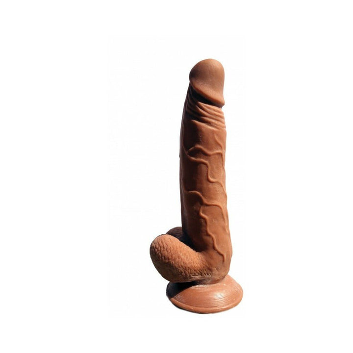 Realistic brown 9-inch dildo with textured veins, sculpted balls, and suction cup base for hands-free use.