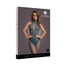 Packaging of Le Desir Fishnet and Lace Bodystocking in ocean deep blue with halter neck design shown on model.