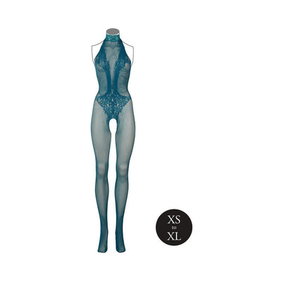Ocean deep blue fishnet and lace halter neck bodystocking with open crotch, fits sizes XS to XL.
