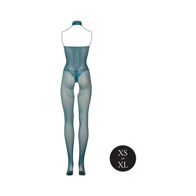 Ocean deep blue fishnet and lace bodystocking with halter neck and open crotch, fits sizes XS to XL.