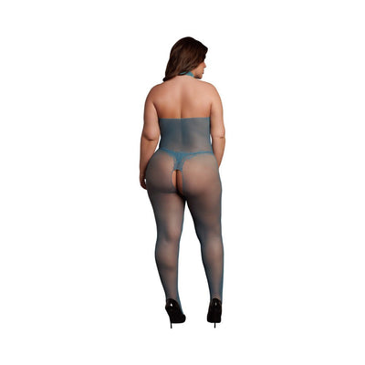 Plus size model wearing ocean blue fishnet and lace bodystocking with halter neck and open back detail, paired with black heels.