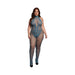 Plus size model wearing ocean deep blue fishnet and lace halter neck bodystocking with open crotch and high heels on white background.