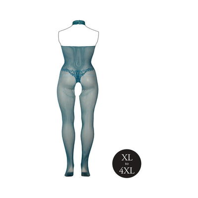 Ocean deep blue fishnet and lace bodystocking with halter neck and open crotch, shown from the back in plus size.