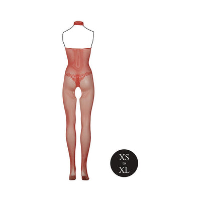 Red fishnet and lace bodystocking with halter neck and open crotch, shown from the back, fits sizes XS to XL.