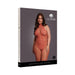Plus size model wearing sunset glow fishnet and lace bodystocking with halter neck on Le Desir packaging box.