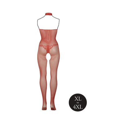 Red fishnet and lace bodystocking with halter neck and open crotch, shown from the back, available in XL to 4XL sizes.
