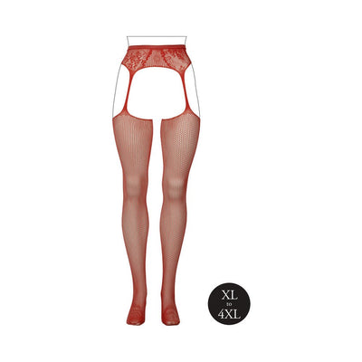 Queen size fishnet and lace garterbelt stockings in sunset glow red with attached garters, designed to fit XL to 4XL.