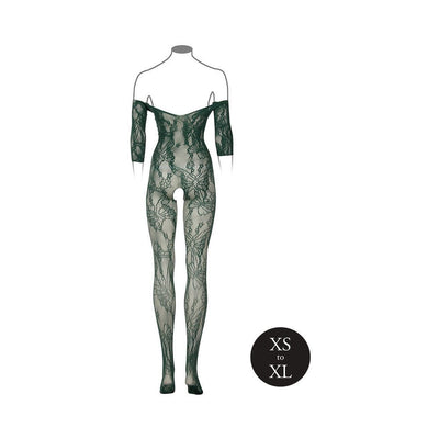 Midnight green lace long-sleeved bodystocking with off-shoulder design and open crotch, stretch fit XS to XL.