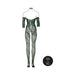 Midnight green lace long-sleeved bodystocking with off-shoulder design and open crotch, stretch fit XS to XL.