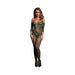 Woman wearing midnight green lace long-sleeved bodystocking with off-shoulder design and floral pattern.